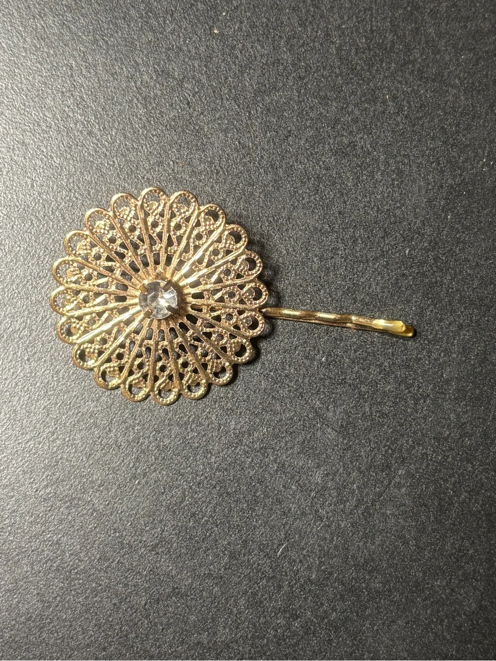 Unique Vintage Gold Filigree Floral Hair Pin with Rhinestone Center